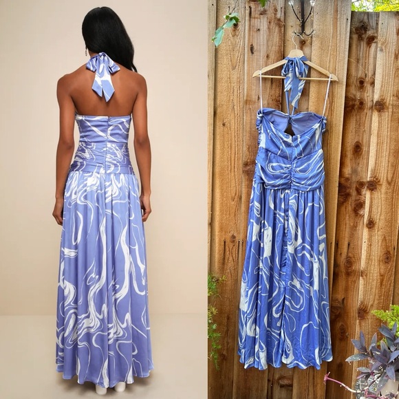 🌿 Periwinkle Abstract Print Satin Halter Cut-Out Maxi Dress 🌿 - Picture 4 of 11
